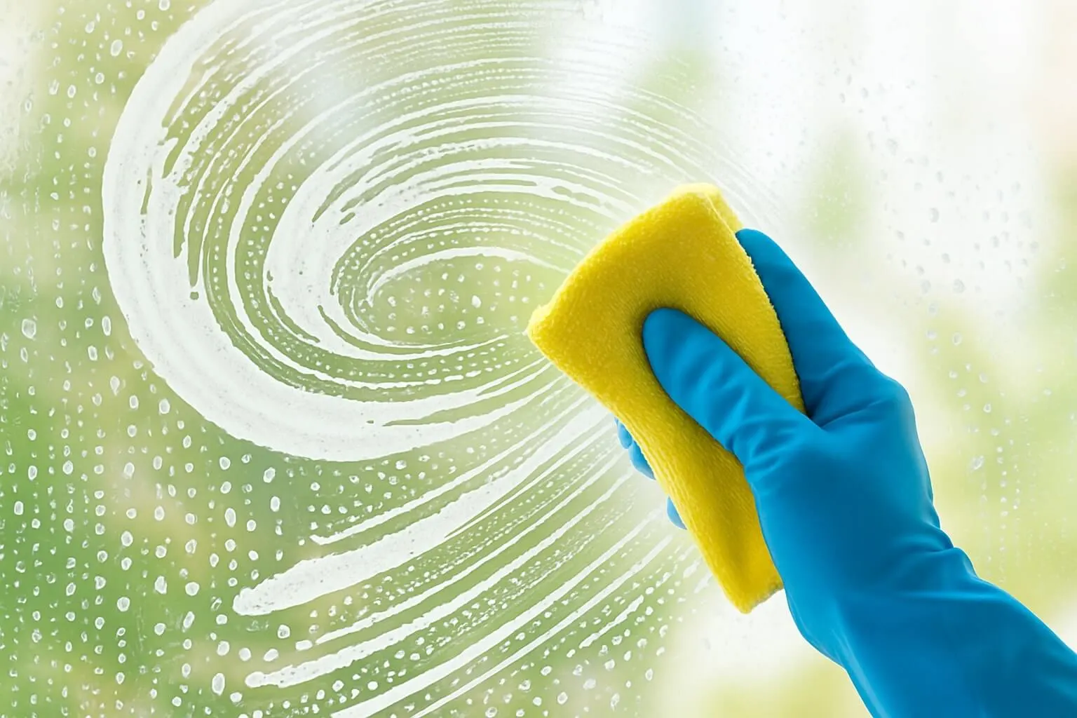 Gloved hand wiping a window with a yellow sponge